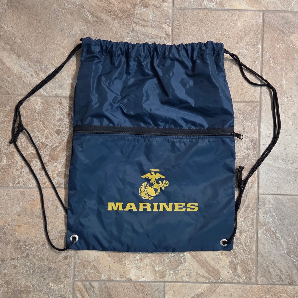US Marines Drawstring Cinch Bag Navy Blue USMC Gym Sackpack with Zipper Pocket - Picture 2 of 5
